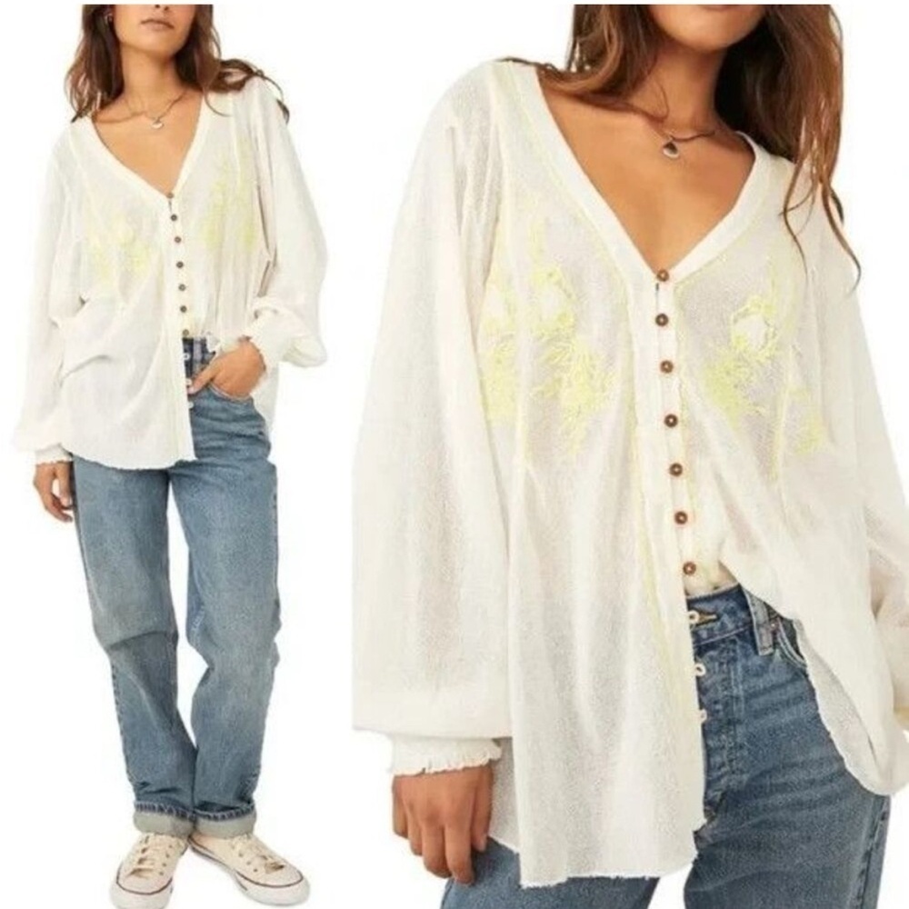 Free People Margie Boho Embroidered Cotton Button Front Top Size Small
